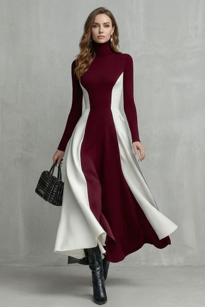 Phoebe | Maxi Dress Burgundy Ivory Colour Block Turtleneck Long Sleeve for Women
