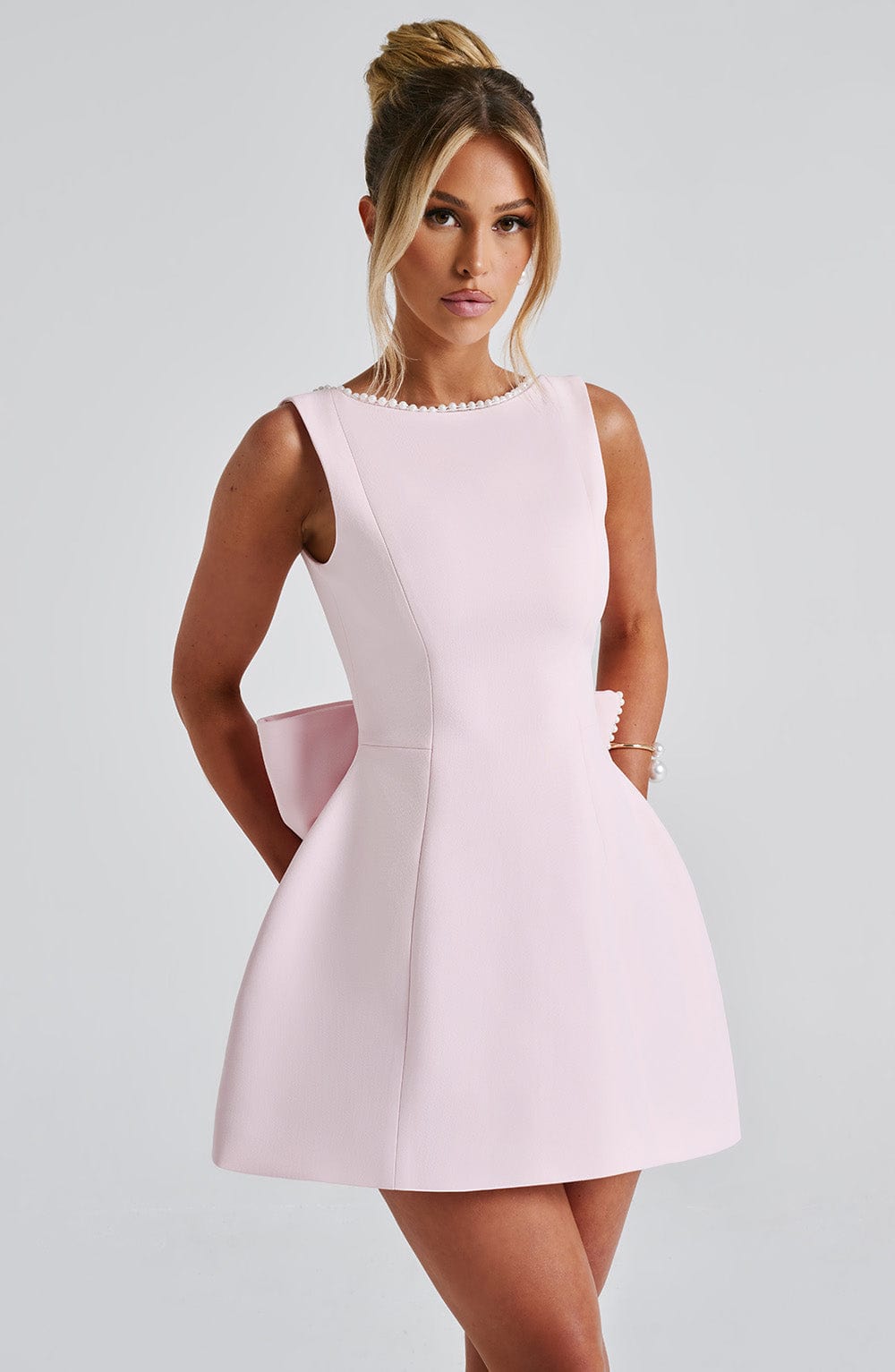 Rosalind | Mini Party Dress Pink Structured Pearl Trim A-Line for Women
