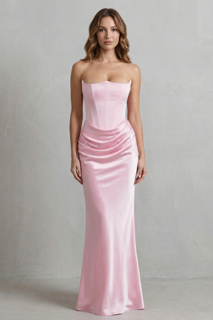 Cicely | Maxi Dress Pink Satin Strapless Corset Draped for Women