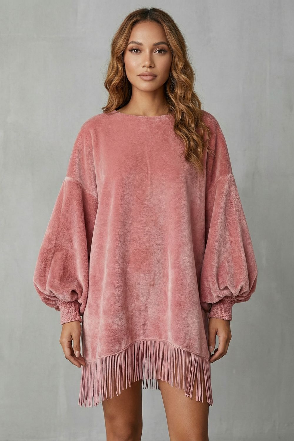Phoebe | Mini Dress Dusty Pink Velvet Balloon Sleeve Fringe Hem for Women