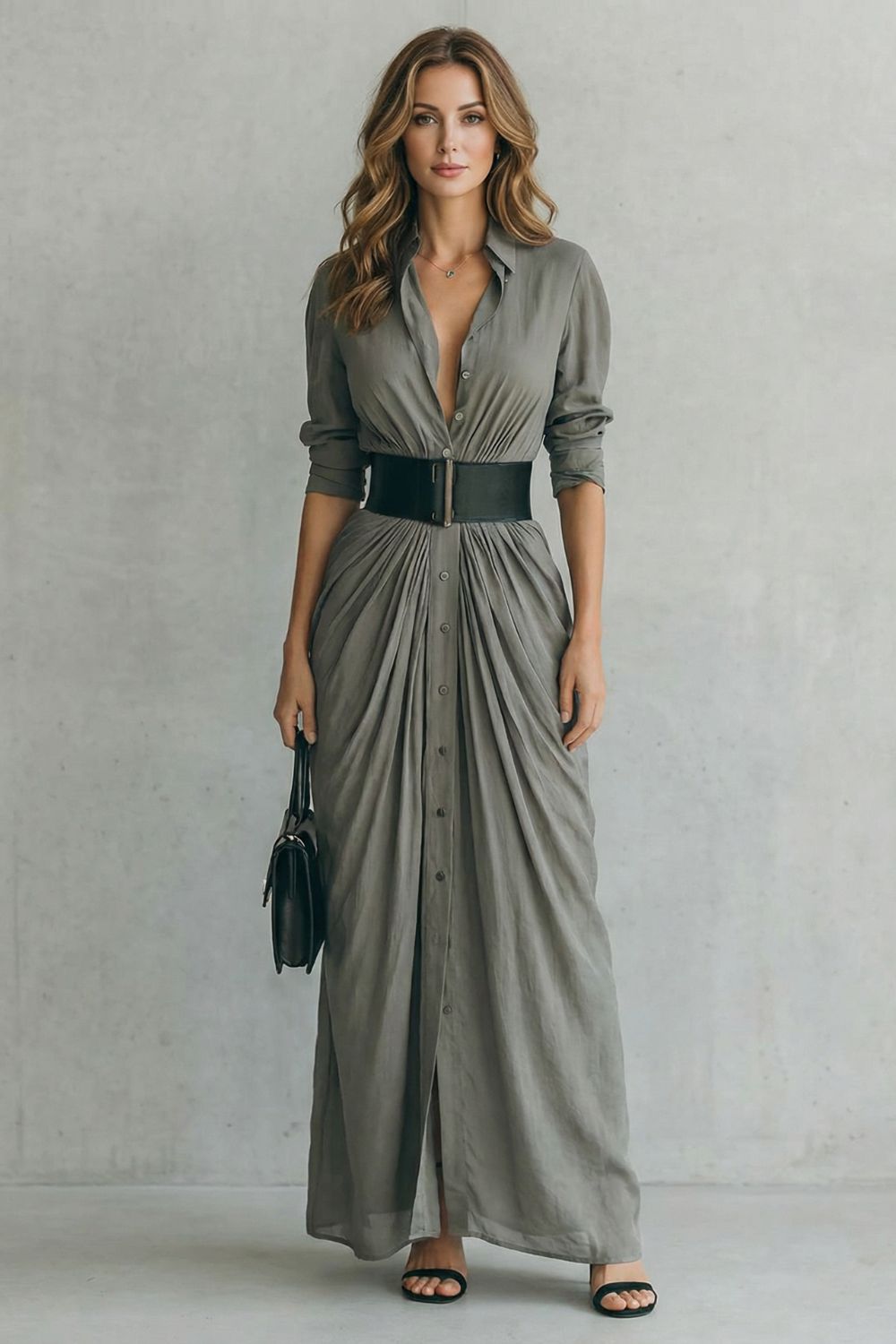 Phoebe | Maxi Shirt Dress Grey Pleated Button-Down Belted for Women