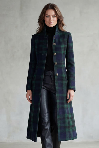 Mabel | Overcoat Navy Green Tartan Wool Blend Stand Collar for Women