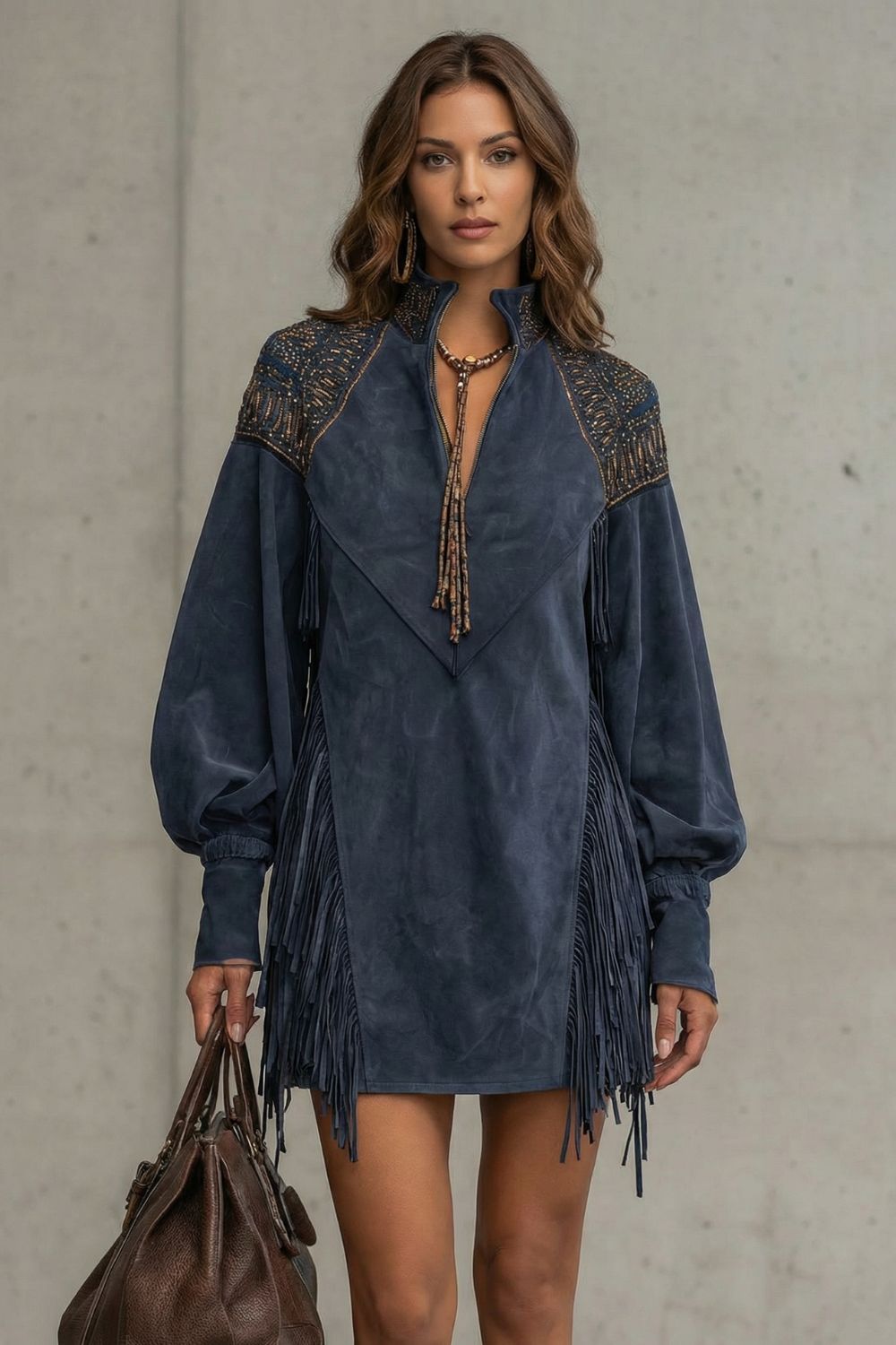 Phoebe | Mini Dress Navy Suede-Effect Fringe Embroidered for Women