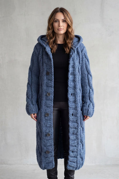 Phoebe | Maxi Hooded Cardigan Coat Blue Chunky Cable Knit Oversized for Women