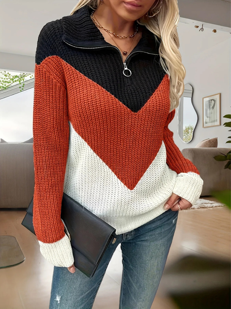 Winona | Colour Block Knit Sweater Black Rust White Quarter-Zip for Women