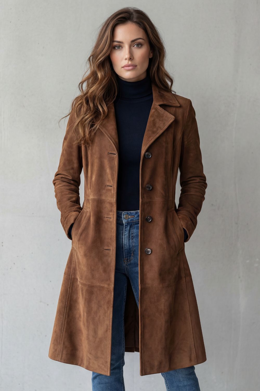 Harriet | Longline Coat Tan Faux Suede Button-Front for Women