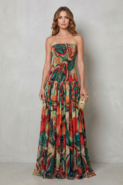 Mirabel | Maxi Dress Multicolour Abstract Print Chiffon Strapless for Women
