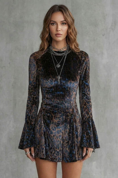 Phoebe | Mini Dress Brown Blue Leopard Print Velvet Flared Sleeve for Women