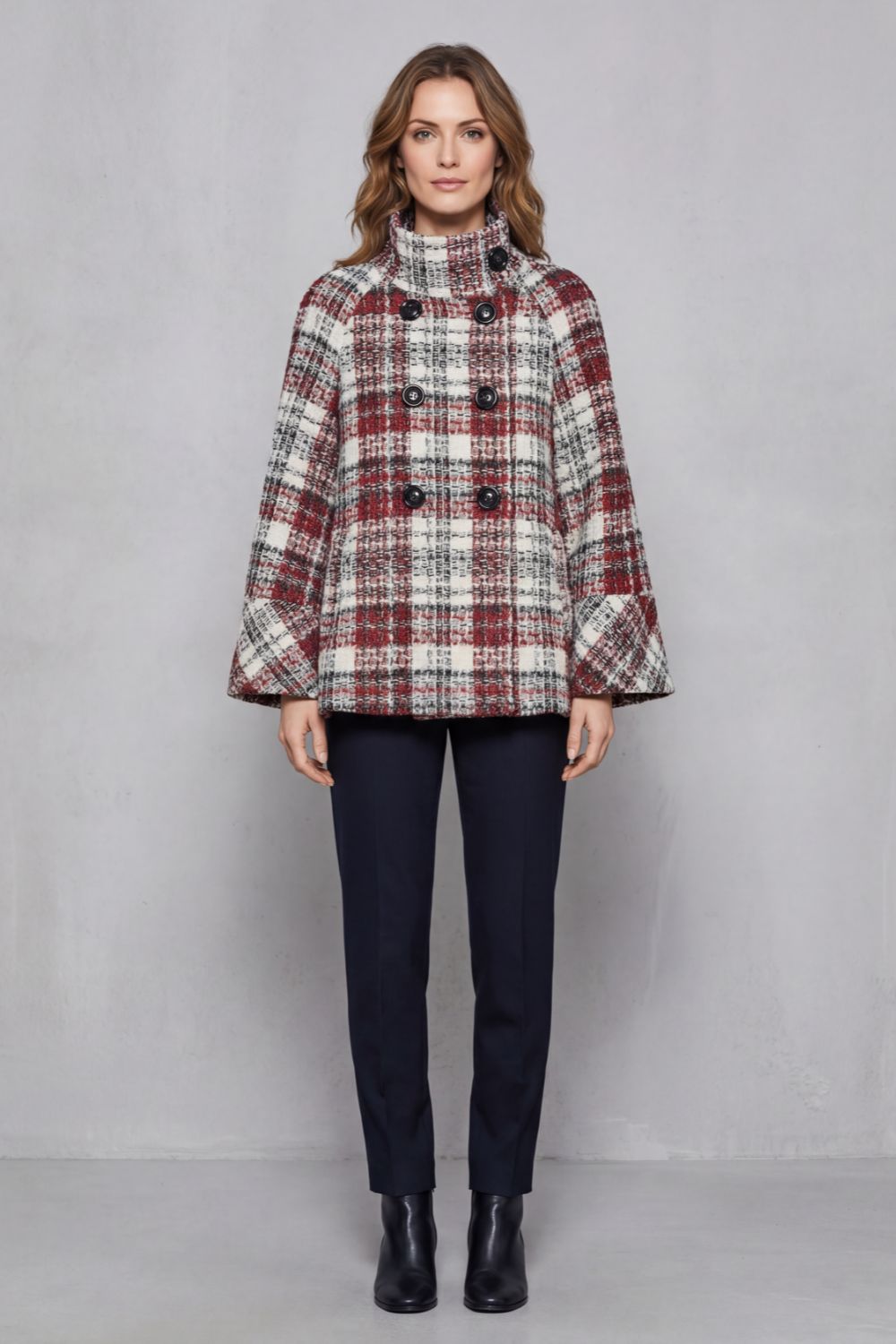 Elspeth | Cape Coat Red Cream Plaid Boucle Double-Breasted for Women