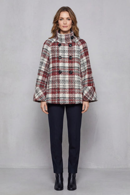 Elspeth | Cape Coat Red Cream Plaid Boucle Double-Breasted for Women