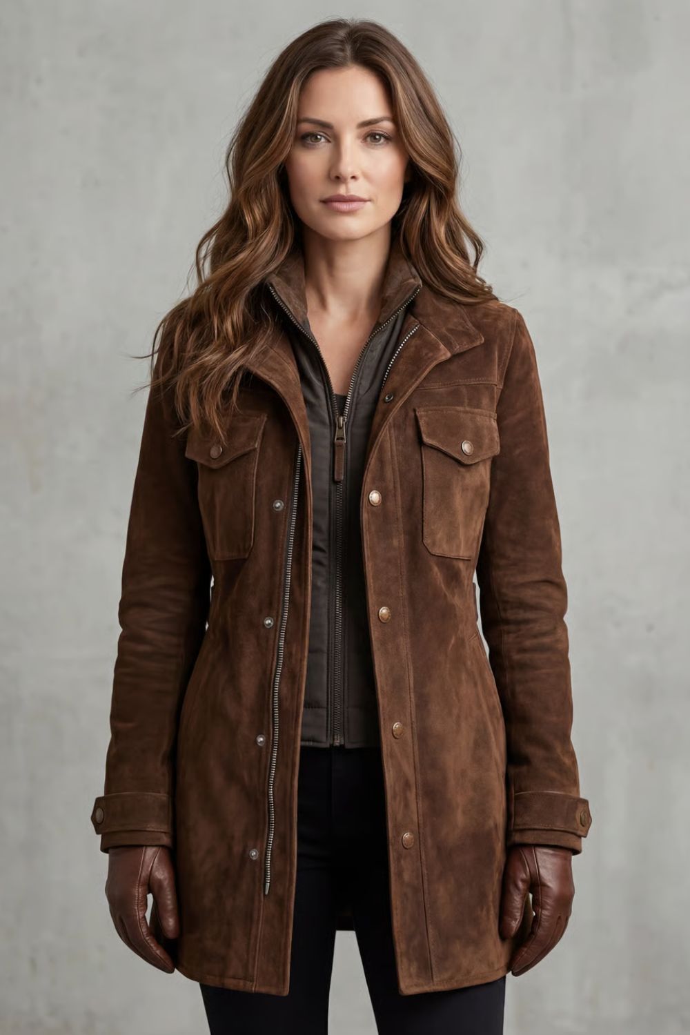 Harriet | Longline Coat Brown Suede Tailored Zip for Women