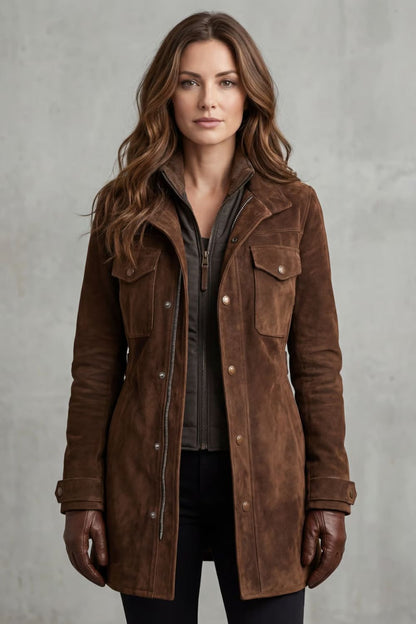 Harriet | Longline Coat Brown Suede Tailored Zip for Women