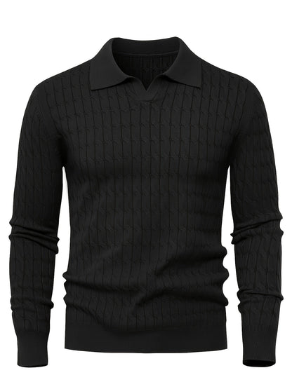 Nigel | Polo Sweater Black Cable Knit Loose Fit for Men