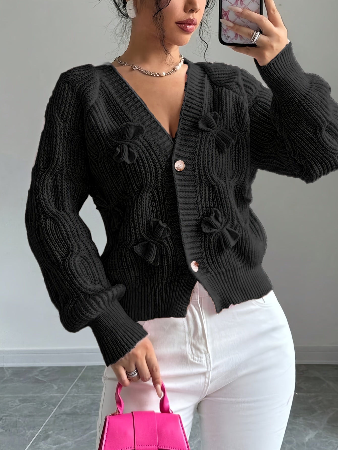 Nerissa | Cardigan Pink Knit Bow-Detail V-Neck for Women