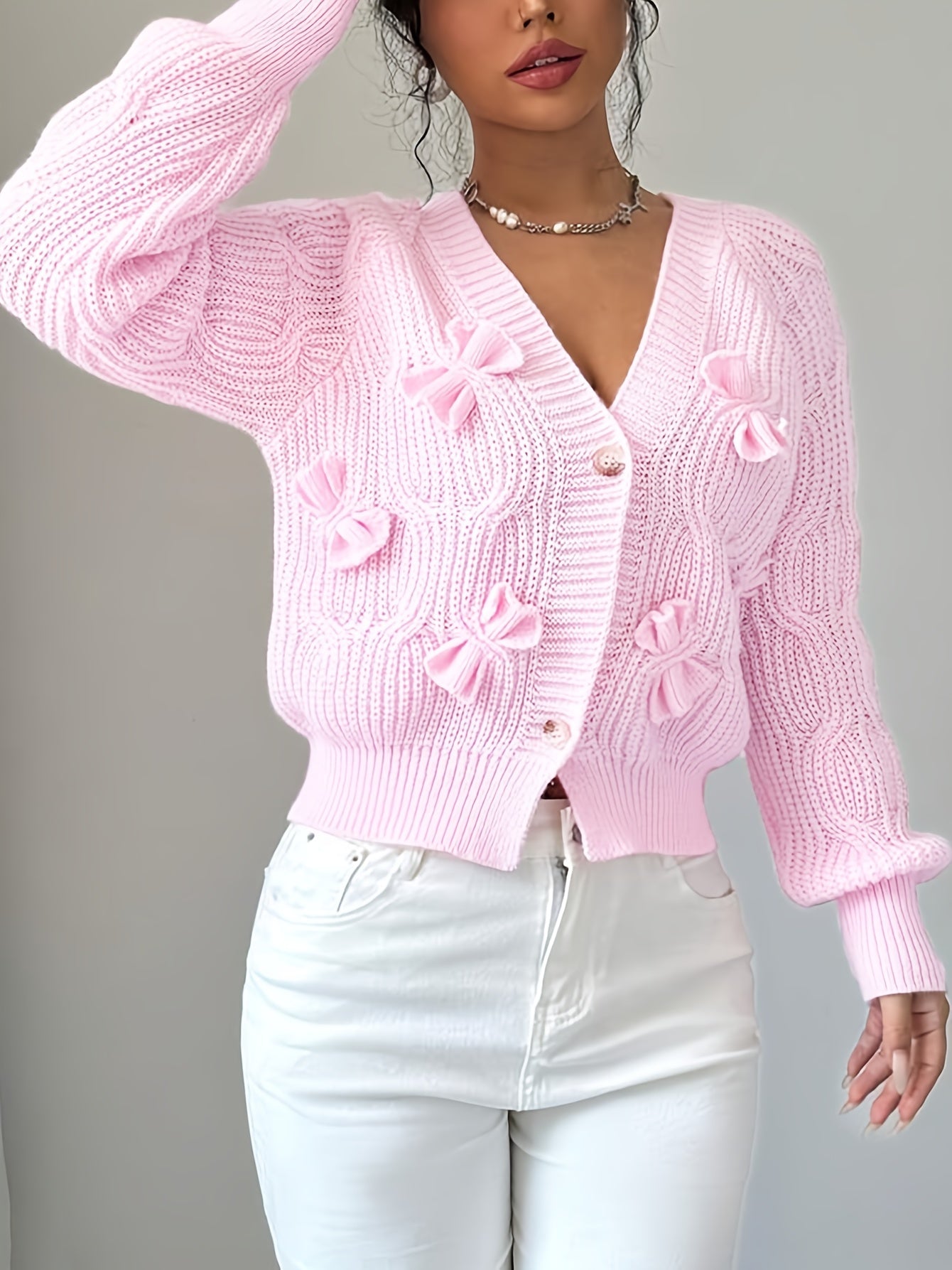Nerissa | Cardigan Pink Knit Bow-Detail V-Neck for Women