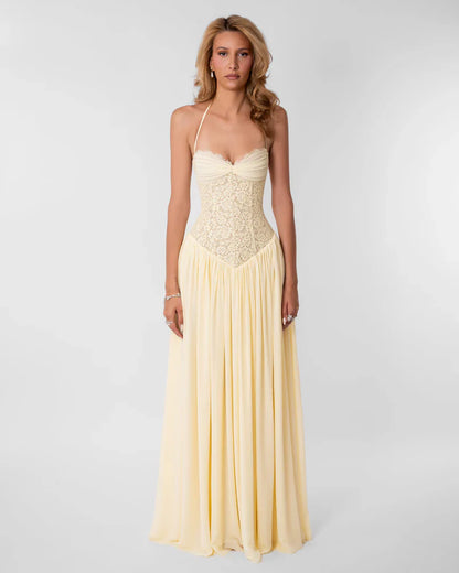 Elspeth | Maxi Party Dress Pink Lace Corset Halter for Women