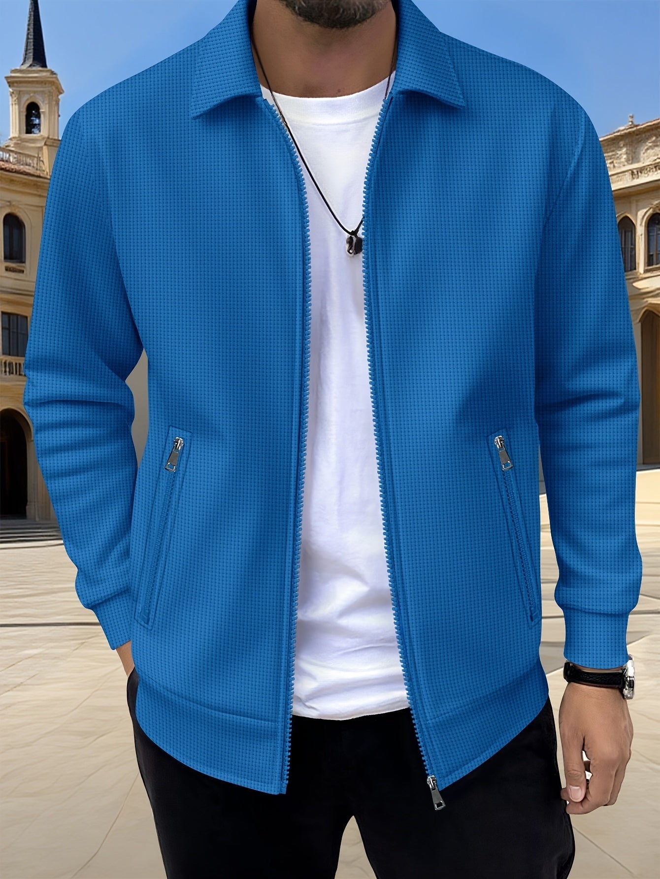 Lachlan | Zip-Up Jacket White Waffle Knit Collared for Men