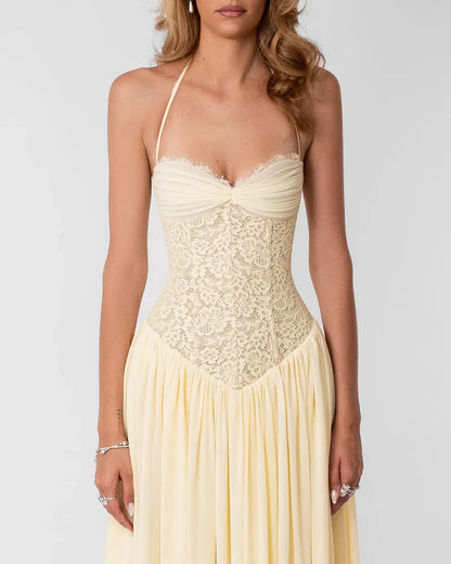 Elspeth | Maxi Party Dress Pink Lace Corset Halter for Women