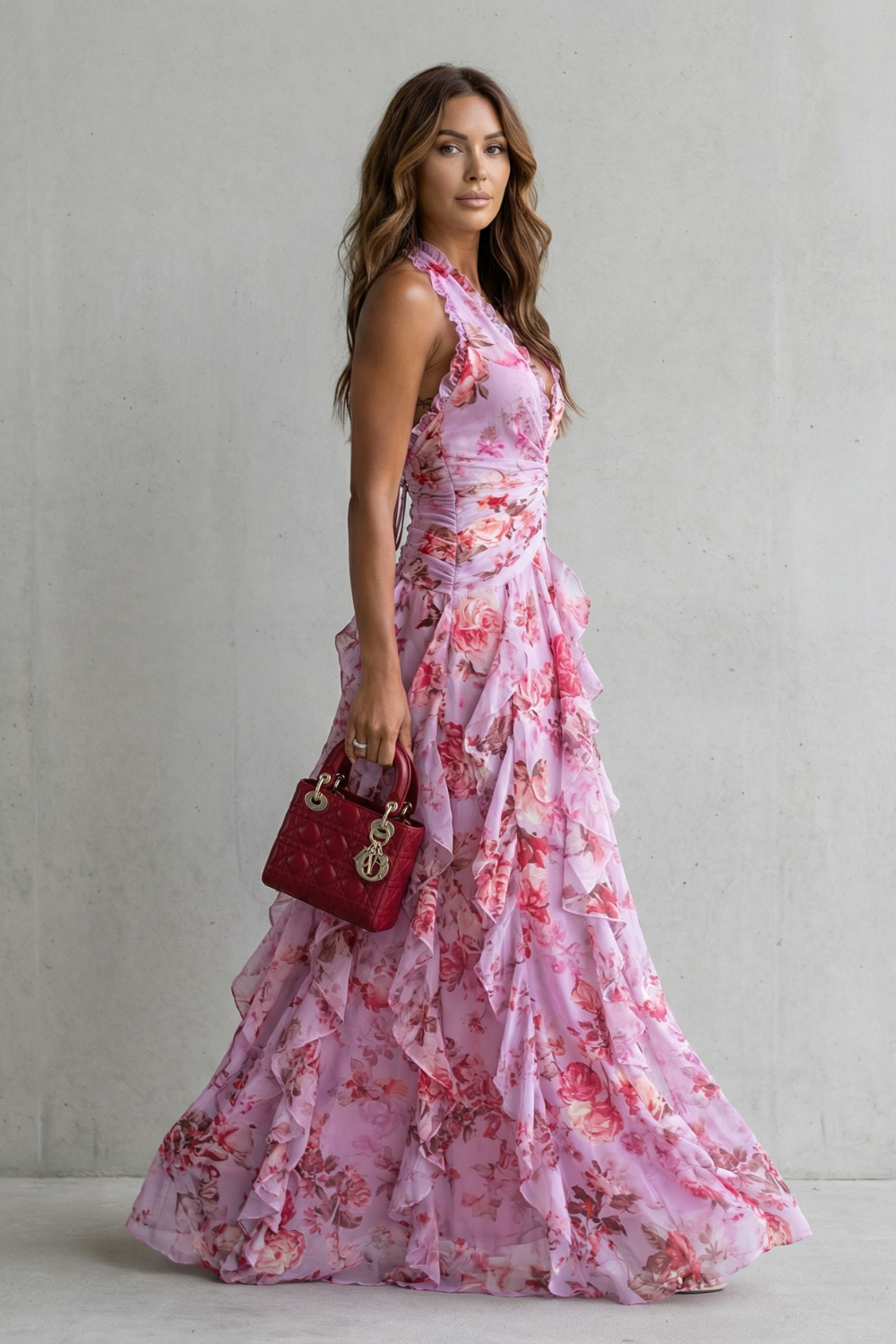 Cecily | Maxi Dress Lilac Floral Chiffon Halter Ruffle for Women