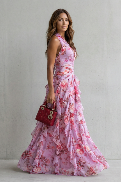 Cecily | Maxi Dress Lilac Floral Chiffon Halter Ruffle for Women