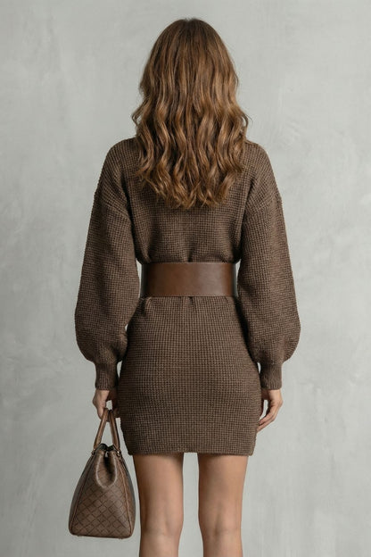 Rosalind | Mini Sweater Dress Dark Brown Knit Balloon Sleeve Belted for Women