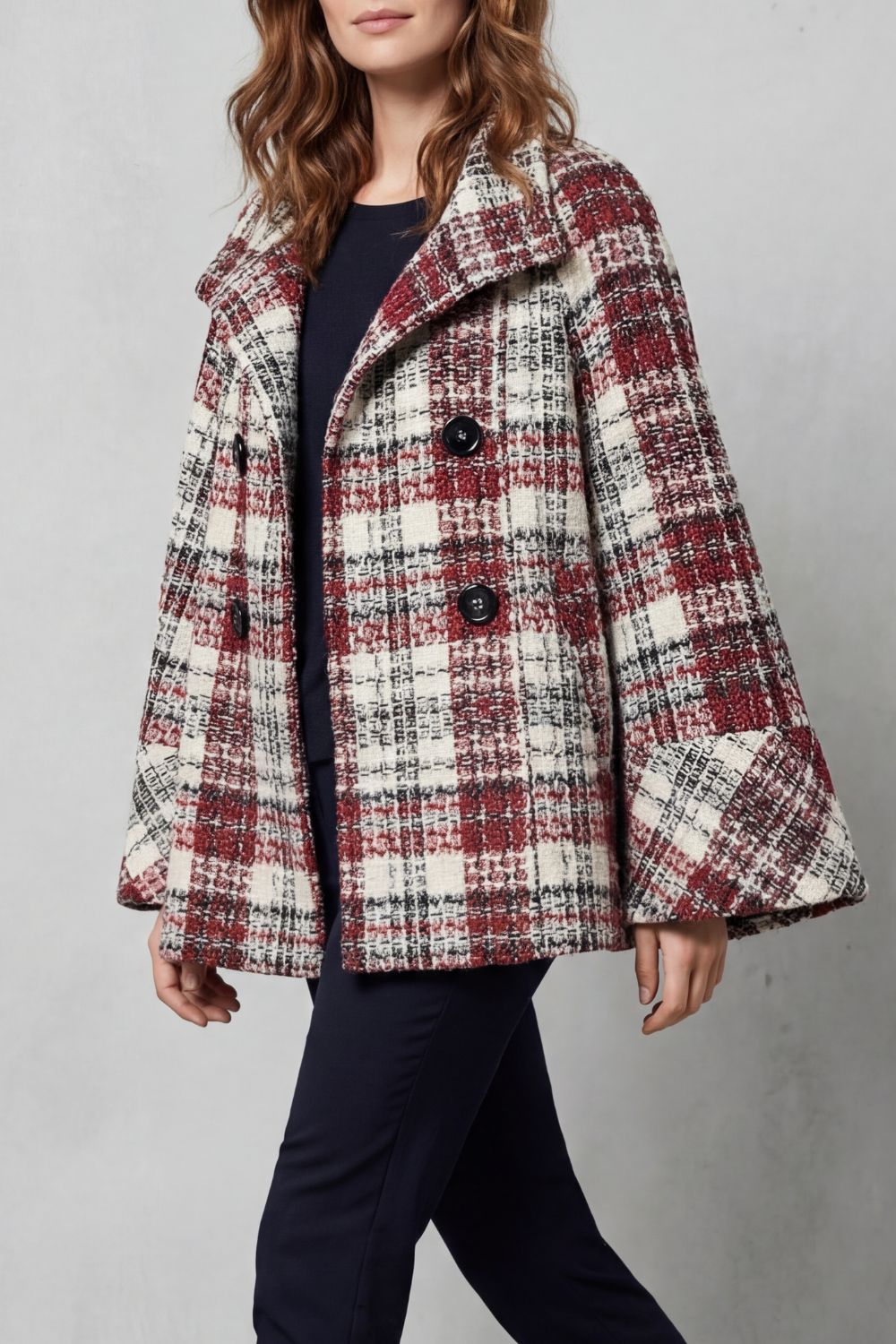 Elspeth | Cape Coat Red Cream Plaid Boucle Double-Breasted for Women