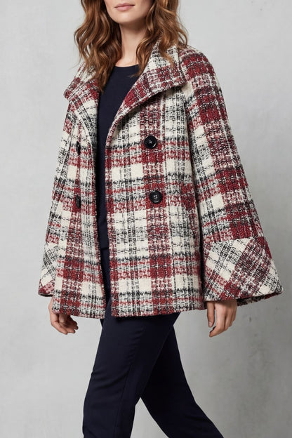 Elspeth | Cape Coat Red Cream Plaid Boucle Double-Breasted for Women
