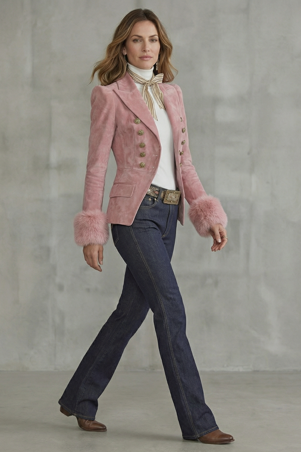 Phoebe | Blazer Pink Suede Double-Breasted Faux Fur Cuffs for Women