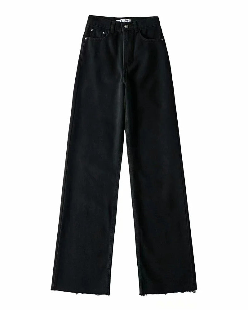 Phoebe | Wide-Leg Jeans Black Denim High-Waist Raw Hem for Women