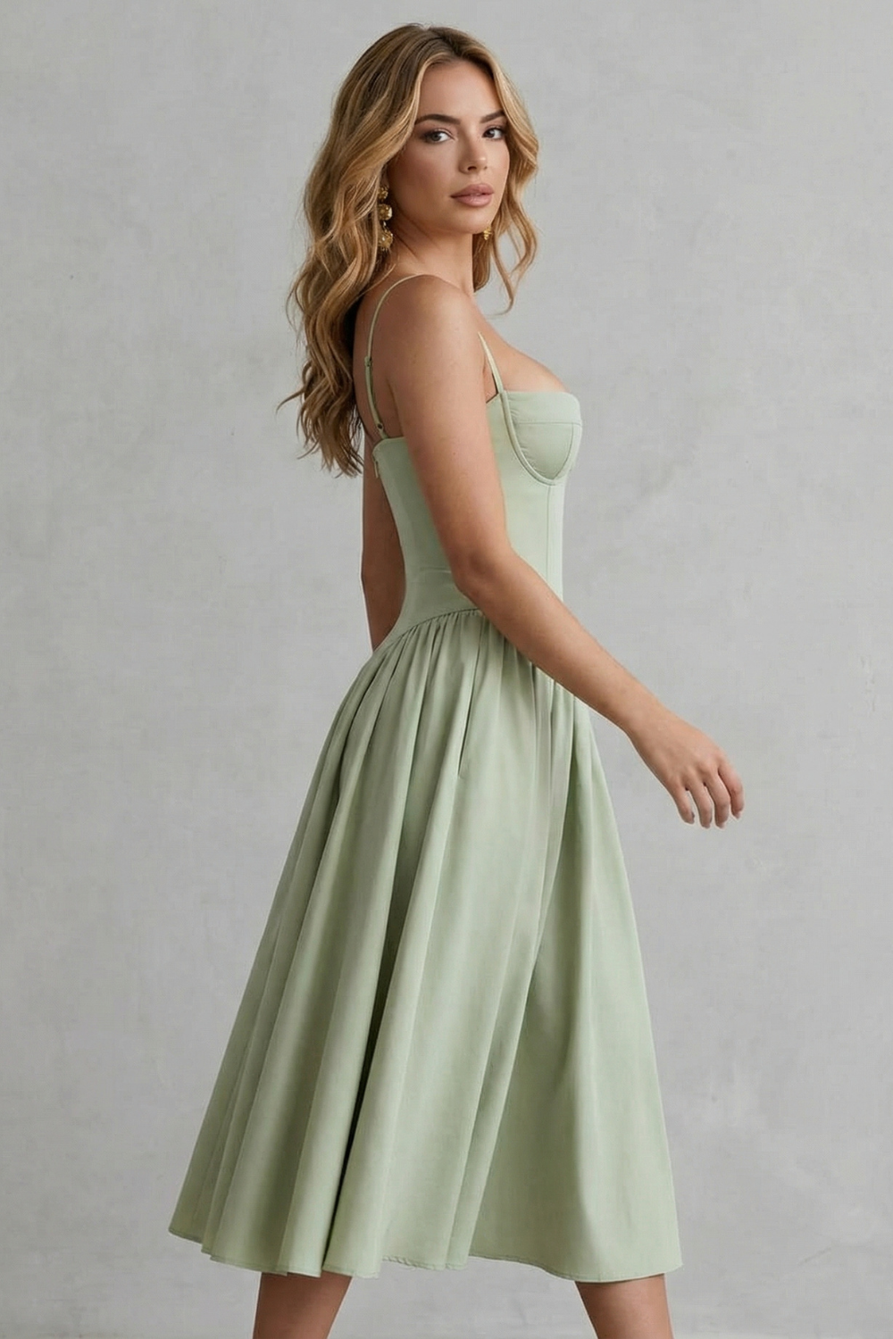 Demelza | Midi Dress Sage Green Structured Corset Pleated for Women