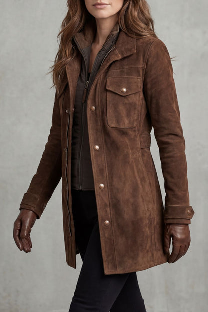 Harriet | Longline Coat Brown Suede Tailored Zip for Women