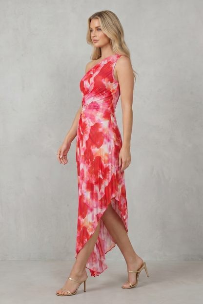 Rosalind | Maxi Dress Red Pink Floral Mesh One-Shoulder Ring Detail for Women