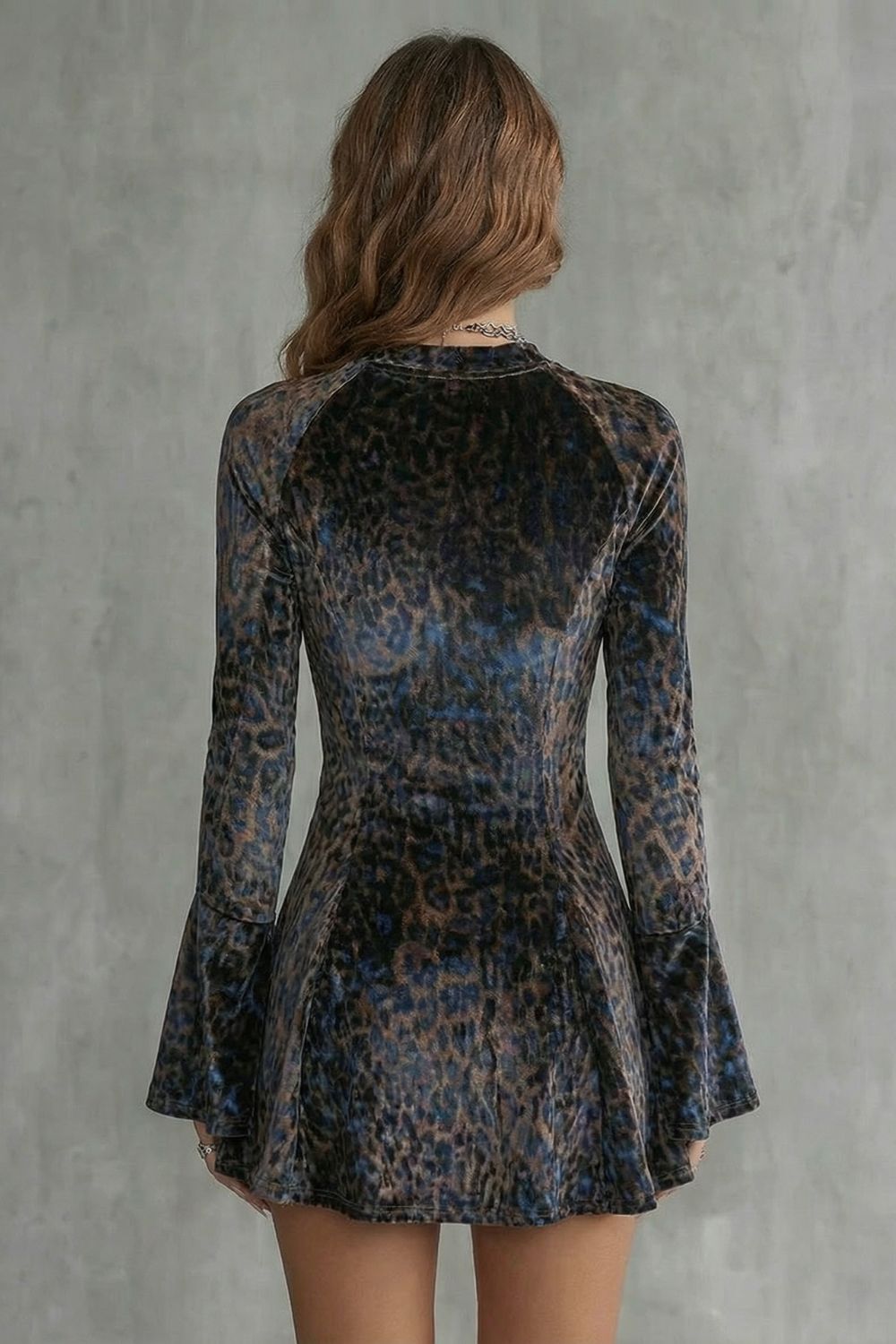 Phoebe | Mini Dress Brown Blue Leopard Print Velvet Flared Sleeve for Women