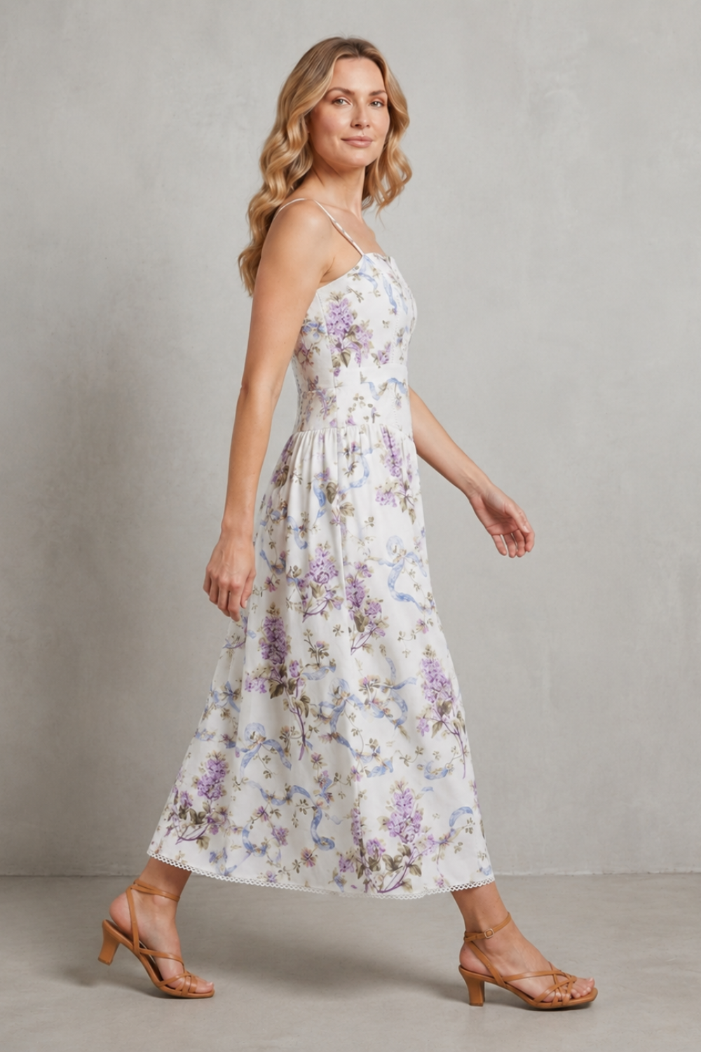 Rosalind | Midi Dress White Floral Cotton Corset Bodice Spaghetti Strap for Women