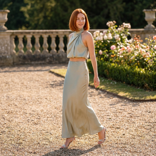 Diana | Satin Two-Piece Set Sage Green Halterneck Maxi for Women