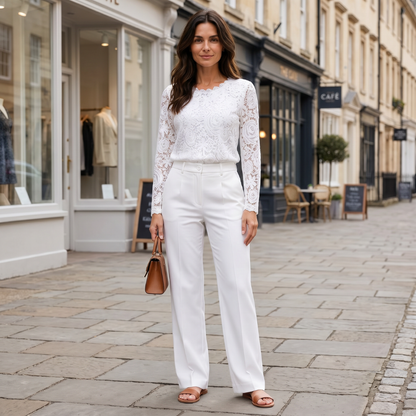 Meredith | Long Sleeve Blouse White Lace Scallop-Hem for Women