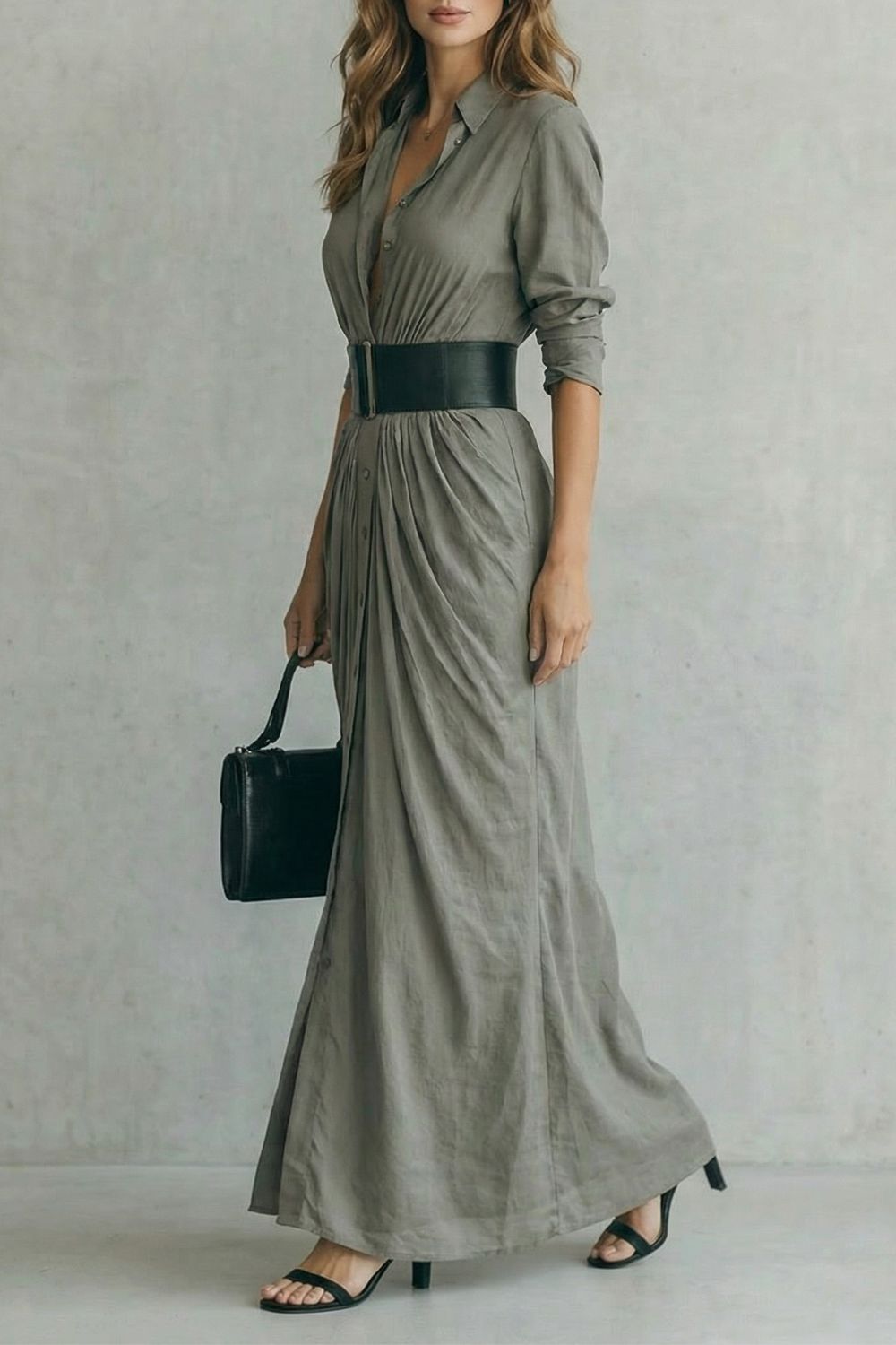 Phoebe | Maxi Shirt Dress Grey Pleated Button-Down Belted for Women