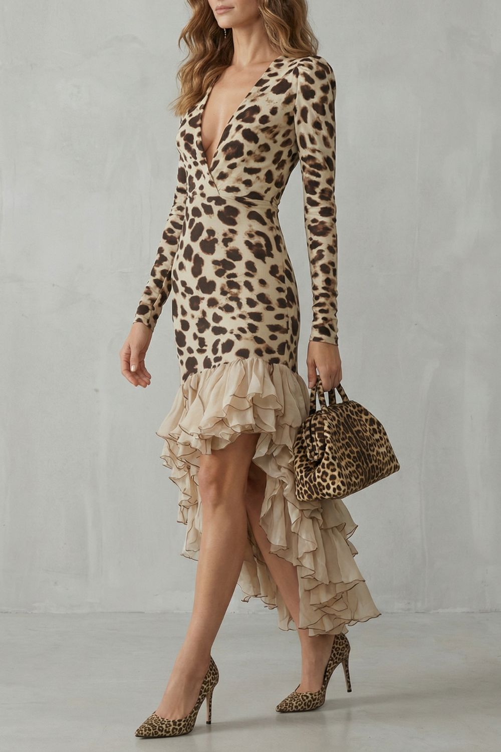 Harriet | Midi Dress Beige Leopard Print Ruffle Hem Long Sleeve for Women