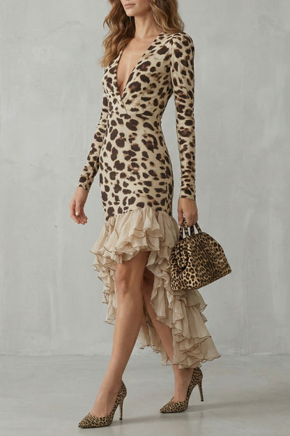 Harriet | Midi Dress Beige Leopard Print Ruffle Hem Long Sleeve for Women