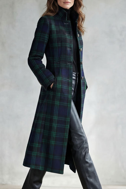 Mabel | Overcoat Navy Green Tartan Wool Blend Stand Collar for Women