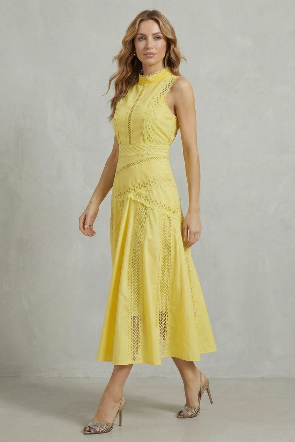 Arabelle | Midi Dress Yellow Cotton Lace Panel Sleeveless for Women