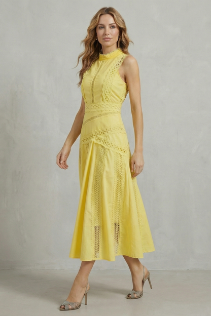 Arabelle | Midi Dress Yellow Cotton Lace Panel Sleeveless for Women
