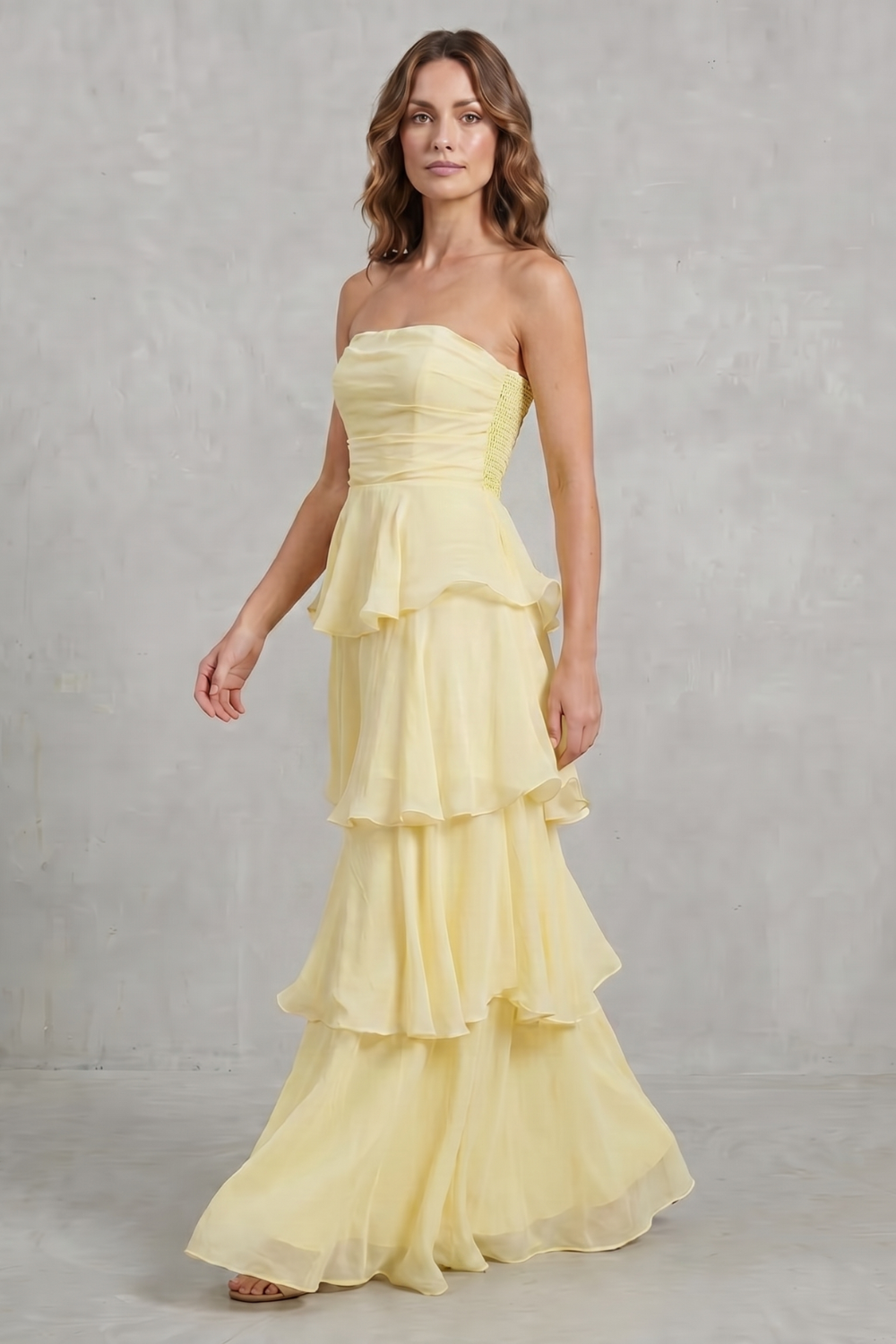 Phoebe | Maxi Dress Butter Yellow Chiffon Strapless Tiered for Women