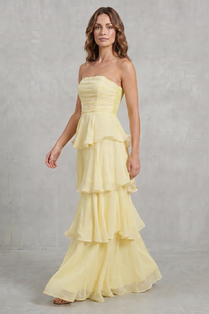 Phoebe | Maxi Dress Butter Yellow Chiffon Strapless Tiered for Women