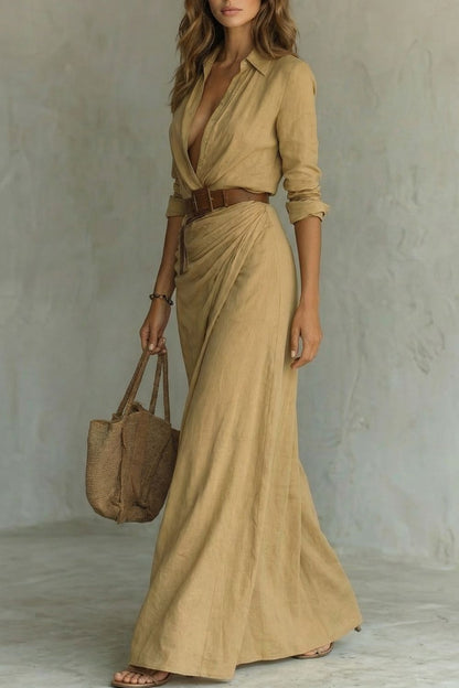 Cassidy | Maxi Shirt Dress Camel Linen-Feel Belted Wrap for Women