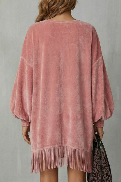 Phoebe | Mini Dress Dusty Pink Velvet Balloon Sleeve Fringe Hem for Women