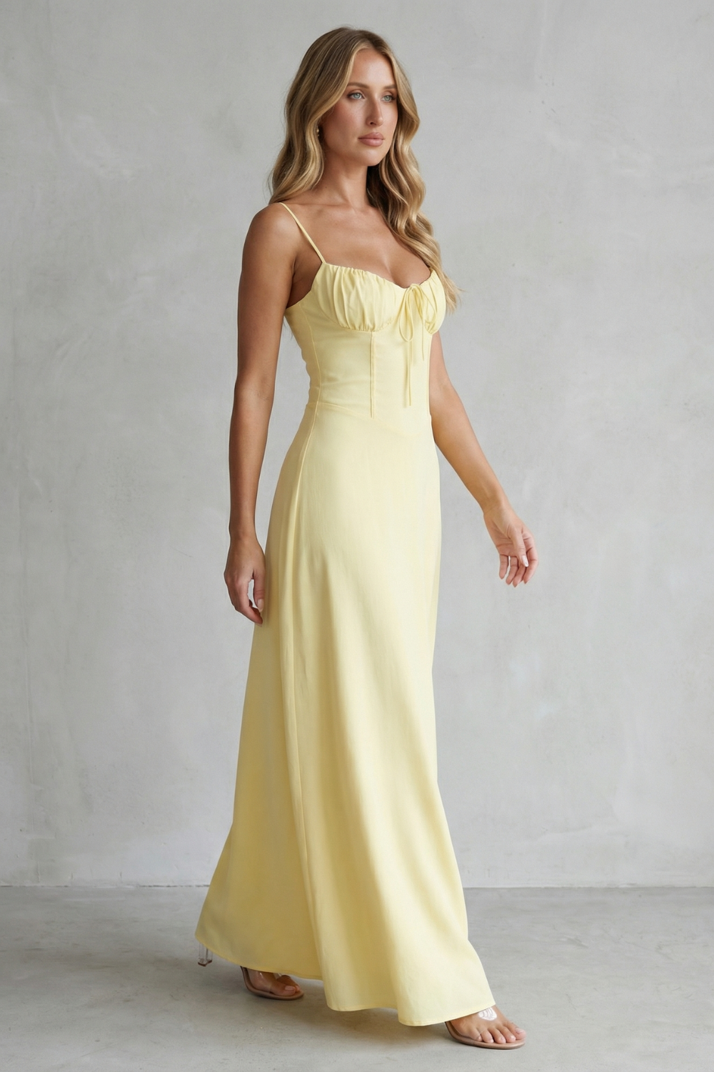 Fern | Maxi Dress Pastel Yellow Corset Ruched Bust Spaghetti Strap for Women