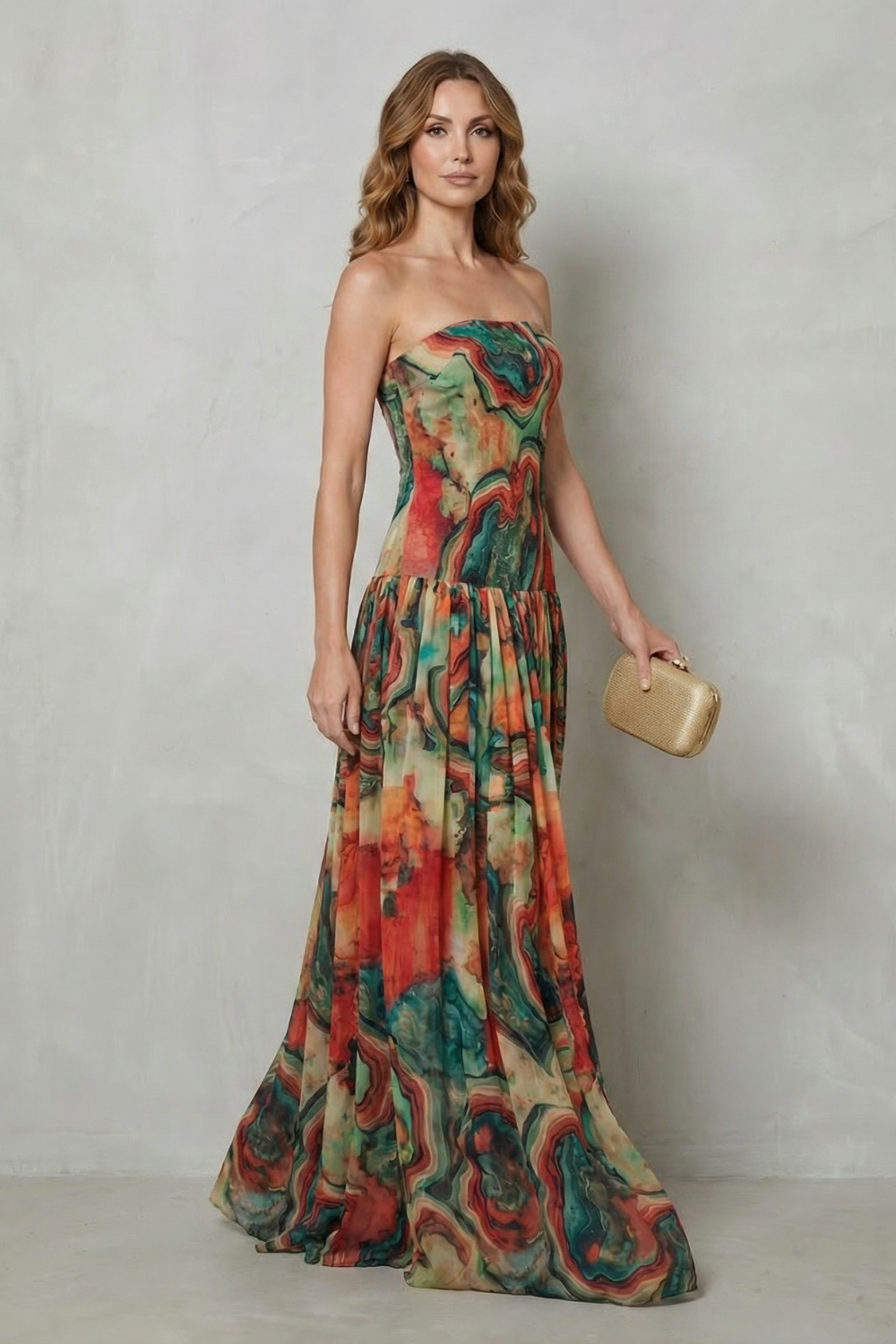 Mirabel | Maxi Dress Multicolour Abstract Print Chiffon Strapless for Women