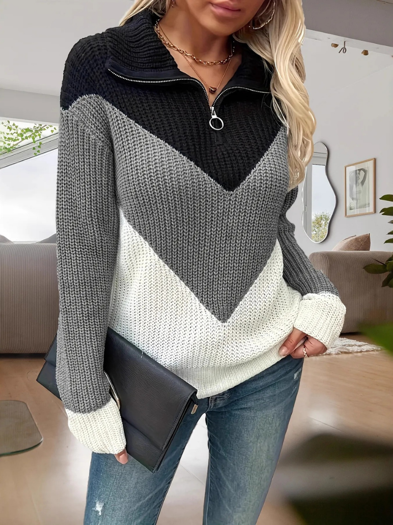 Winona | Colour Block Knit Sweater Black Rust White Quarter-Zip for Women