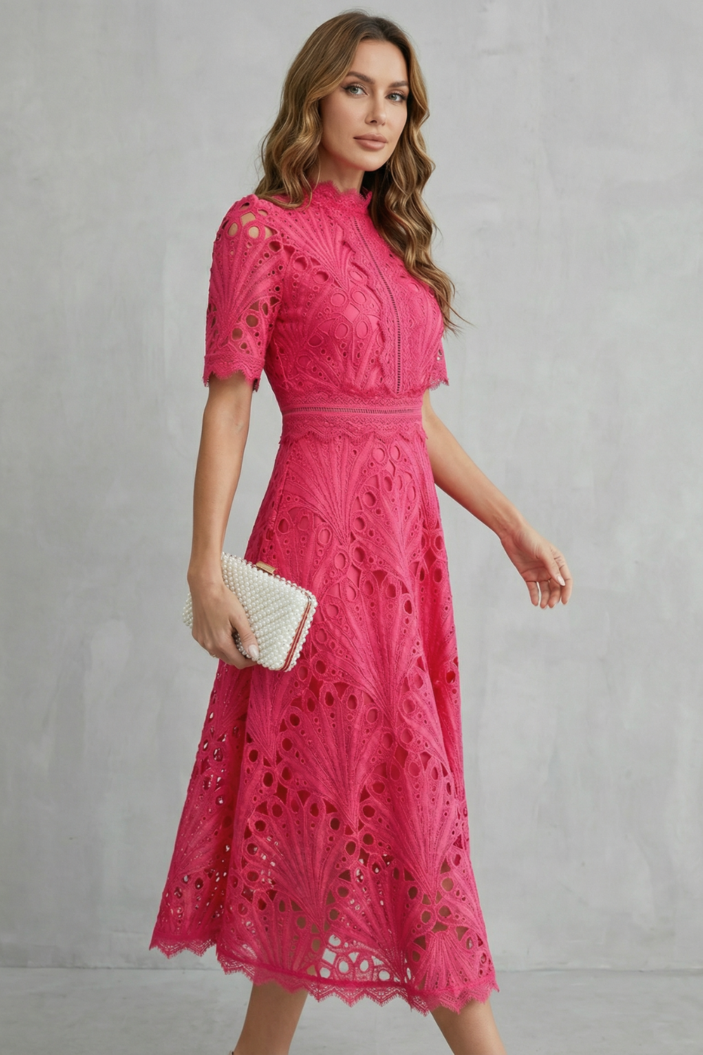 Phoebe | Midi Dress Hot Pink Lace High-Neck A-Line for Women